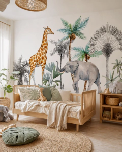 Vinyl kids mural, watercolor safari animals, Model MUI44.