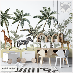 Mural infantil de vinilo, selva tropical con animales, Modelo MUI46. - comprar online