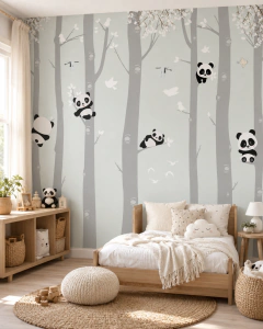 Mural infantil de vinilo, pandas y naturaleza mágica, Modelo MUI47.