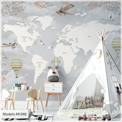 Mural infantil de vinilo, mapa vintage con globos aerostáticos, Modelo MUI48. - comprar online