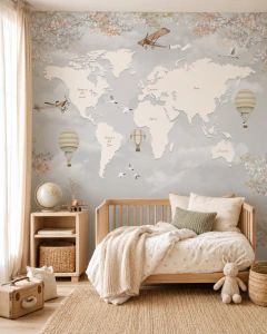 Vinyl kids mural, vintage map with hot air balloons, Model MUI48.