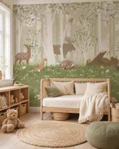 Mural infantil de vinilo, bosque encantado con ciervos, Modelo MUI50.