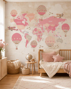 Mural infantil vinilo mapa vintage en rosa y beige, Modelo MUI51