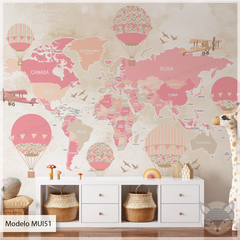 Mural infantil vinilo mapa vintage en rosa y beige, Modelo MUI51 - comprar online