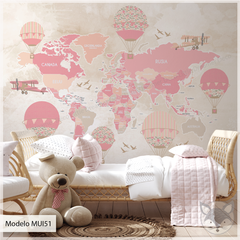 Mural infantil vinilo mapa vintage en rosa y beige, Modelo MUI51 en internet