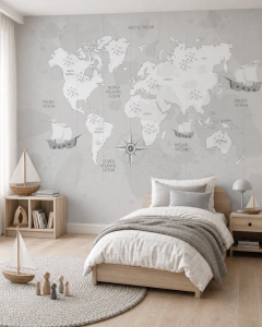 Mural infantil vinilo mapa náutico en tonos grises, Modelo MUI53