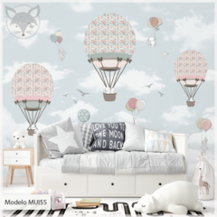 Mural infantil vinilo globos aerostáticos con flores, Modelo MUI55