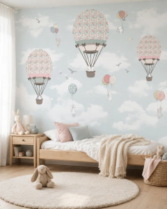 Mural infantil vinilo globos aerostáticos con flores, Modelo MUI55