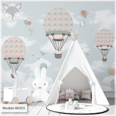 Mural infantil vinilo globos aerostáticos con flores, Modelo MUI55 - comprar online