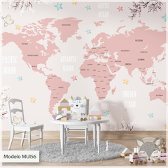 Mural infantil vinilo mapa del mundo en tonos rosas, Modelo MUI56 - comprar online