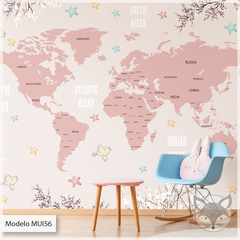 Mural infantil vinilo mapa del mundo en tonos rosas, Modelo MUI56 en internet