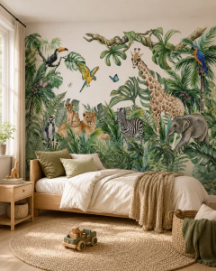Mural infantil vinilo selva con animales y hojas verdes, Modelo MUI57