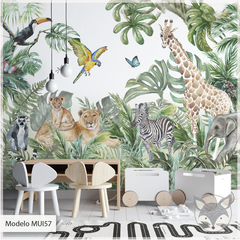 Mural infantil vinilo selva con animales y hojas verdes, Modelo MUI57 - comprar online