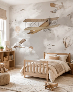 Kids wall mural retro airplanes in neutral tones, Model MUI58