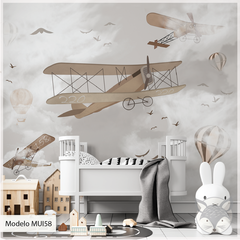 Mural infantil vinilo aviones retro en tonos neutros, Modelo MUI58 - comprar online