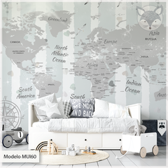 Mural infantil vinilo mapa educativo en grises y azul, Modelo MUI60 - comprar online