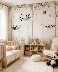 Mural infantil de vinilo pandas tiernos en hamacas, modelo MUI61