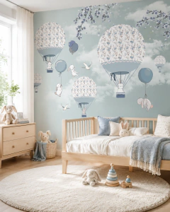 Mural infantil de vinilo globos flotantes en cielo azul, modelo MUI62