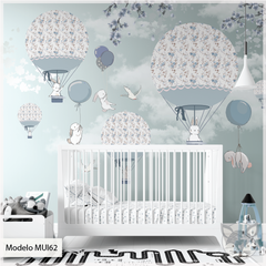 Kids vinyl mural with floating balloons in blue skies, model MUI62 - buy online