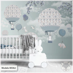 Kids vinyl mural with floating balloons in blue skies, model MUI62 on internet