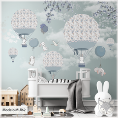 Kids vinyl mural with floating balloons in blue skies, model MUI62