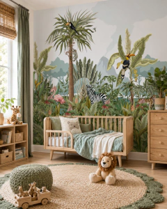 Mural infantil de vinilo jungla con animales tropicales, modelo MUI63
