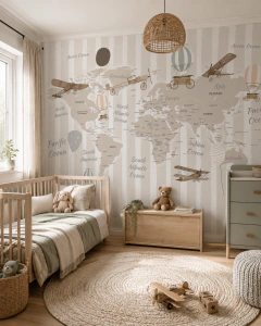 Mural infantil de vinilo mapa vintage con aviones retro, modelo MUI64