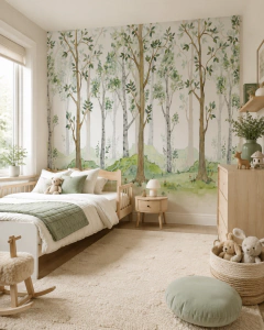 Mural infantil de vinilo bosque sereno con árboles verdes, modelo MUI65