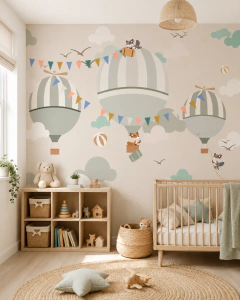 Mural infantil de vinilo globos viajeros en el cielo, modelo MUI66