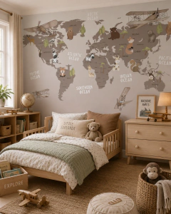 Mural infantil de vinilo mapa educativo animales exploradores, modelo MUI67