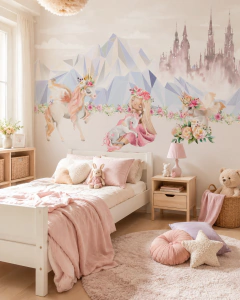 Mural infantil de vinilo unicornios mágicos y paisajes de cuento, modelo MUI68