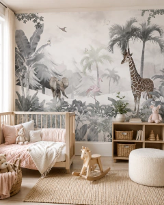 Mural infantil de vinilo safari en blanco y negro, modelo MUI69