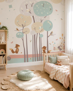 Mural infantil de vinilo bosque encantado con animales, modelo MUI70