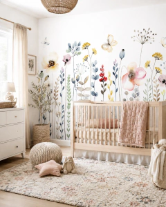 Mural infantil de vinilo diseño floral acuarela, modelo MUI71.