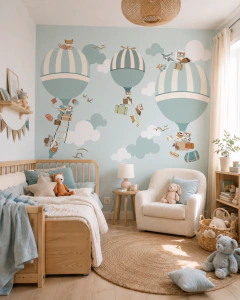 Kids vinyl mural with balloons and animals, model MUI74.