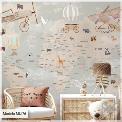 Mural de vinilo mapamundi educativo vintage, modelo MUI76.