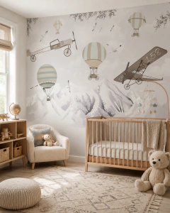 Mural infantil de vinilo globos y aviones vintage, modelo MUI78.
