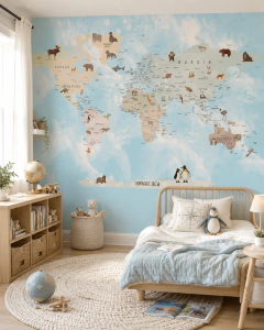 Vinilo decorativo infantil mapamundi azul con animales, modelo MUI80.