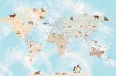 Blue world map vinyl mural with animals, model MUI80. - buy online