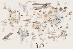 Mural infantil mapa vintage, mapamundi decorativo animales, Modelo MUI82. - comprar online
