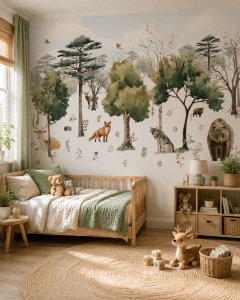 Mural infantil bosque, animales y naturaleza decorativa, Modelo MUI84.