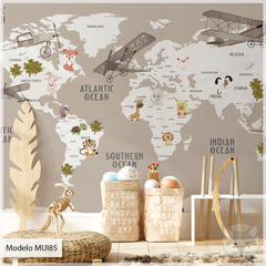 Mural infantil mapamundi, animales en tonos tierra, Modelo MUI85. - comprar online
