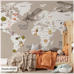 Mural infantil mapamundi, animales en tonos tierra, Modelo MUI85. en internet