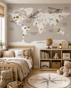 Mural infantil mapamundi, animales en tonos tierra, Modelo MUI85.
