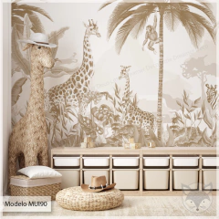 Mural infantil safari vintage, decoración tonos neutros, Modelo MUI90. - comprar online