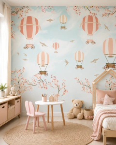 Mural infantil globos y cielo rosado, vinilo decorativo, modelo MUI93