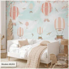 Mural infantil globos y cielo rosado, vinilo decorativo, modelo MUI93