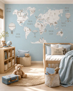 Vintage animal world map kids mural, wall decal, model MUI95