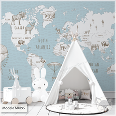 Mural infantil mapa vintage animales, vinilo decorativo, modelo MUI95