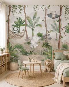 Mural infantil selva con elefantes y jirafas, vinilo decorativo, modelo MUI96